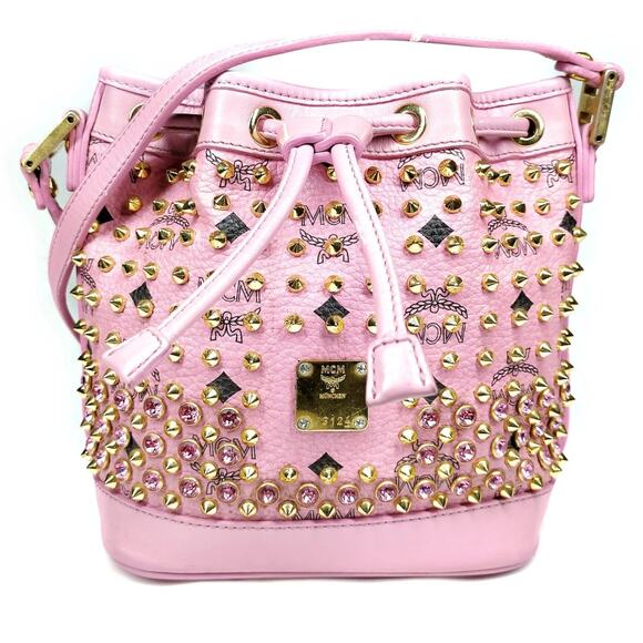 MCM PINK VISETOS WITH PINK SWAROVSKI STUDDED BUCKET BAG EUC - Picture 1 of 9
